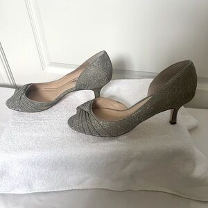 Nina’s Silvery/ Steel Colored Metallic Open Toe Pumps